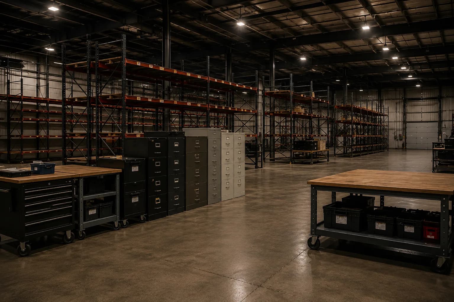 Filing cabinets and office assets staged for a commercial liquidation.