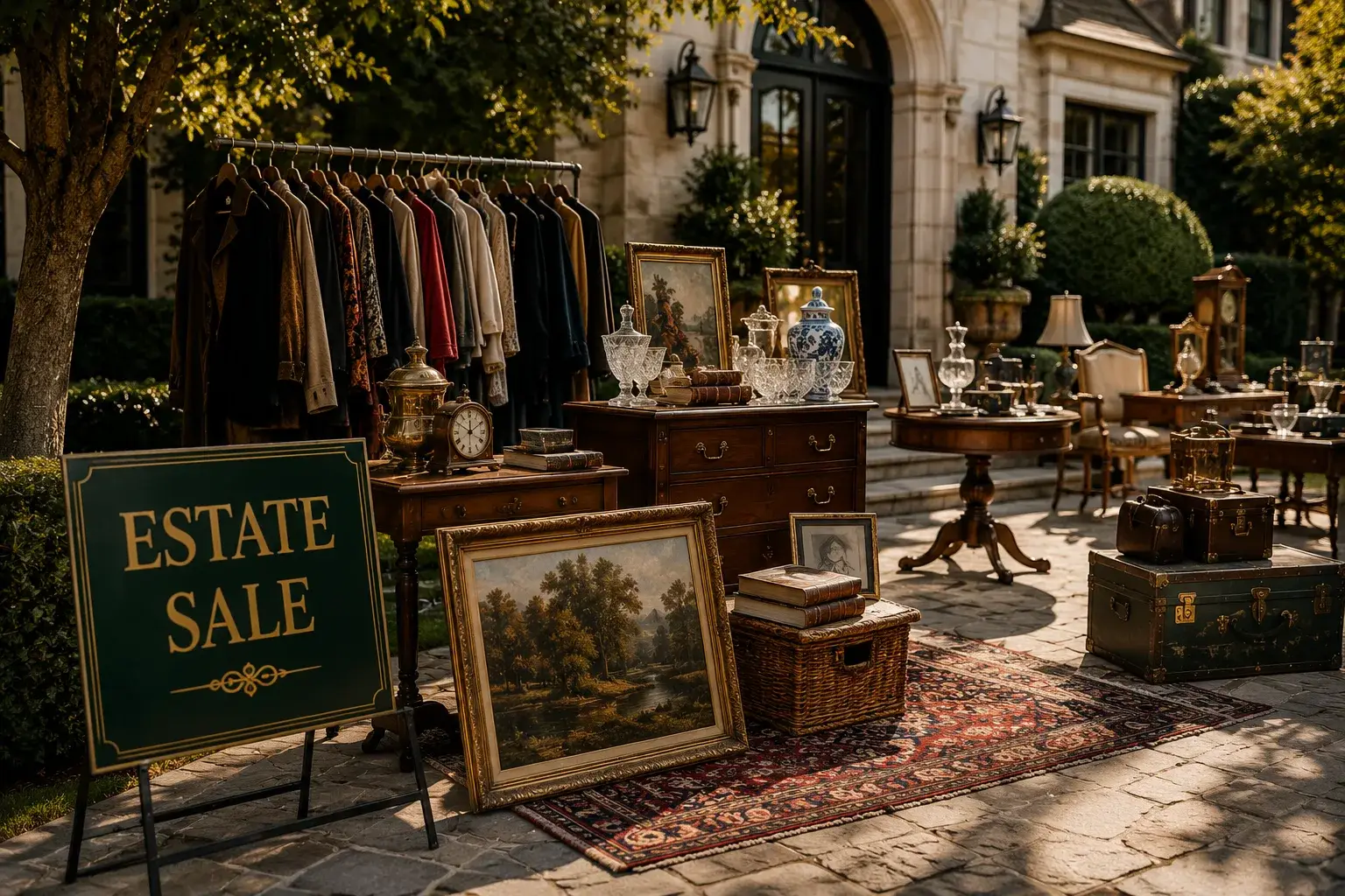 An elegant outdoor estate sale with curated furniture, art, and antiques.